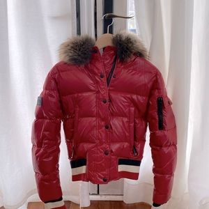 SAM red puffer jacket with bomber jacket details and fur hood